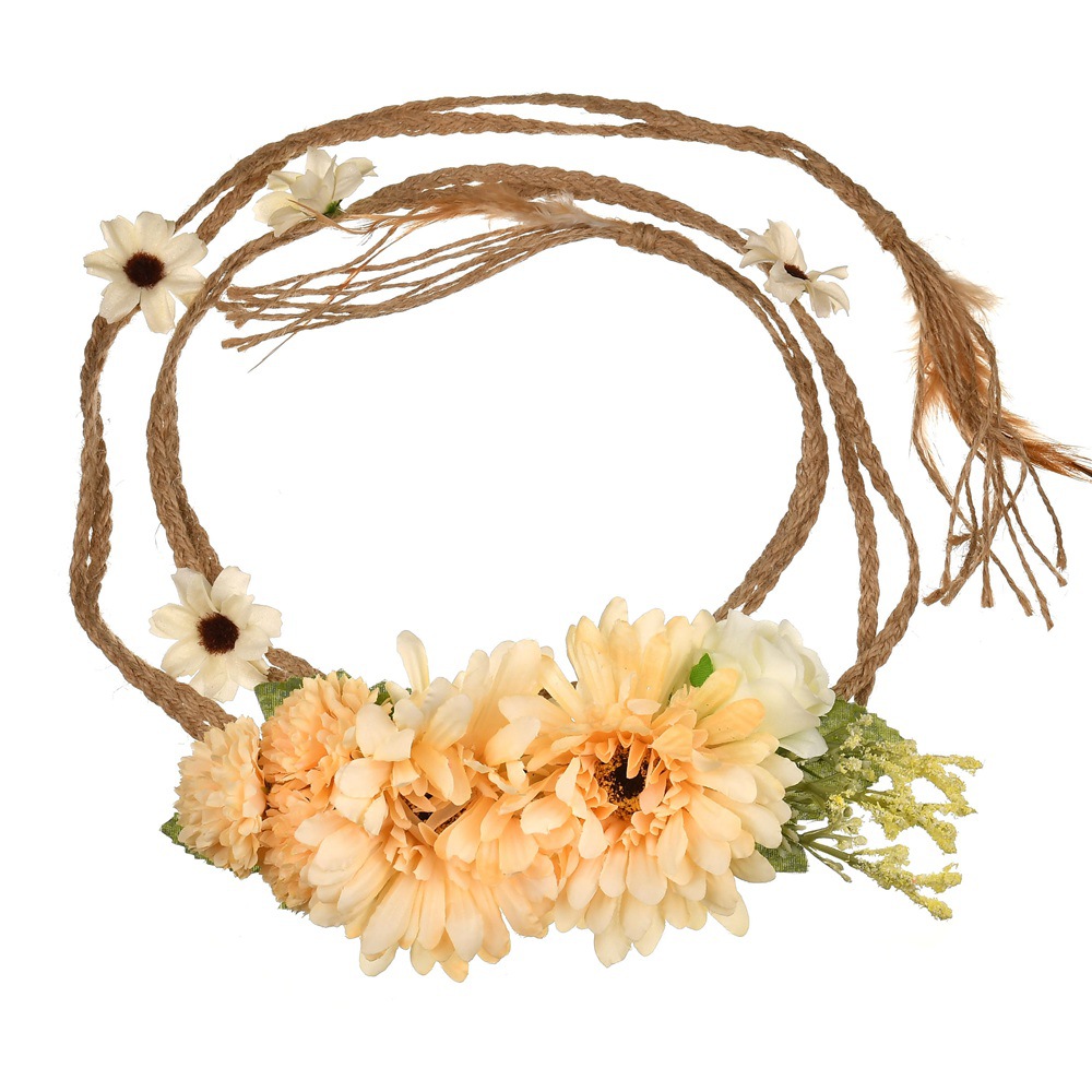 波西米亚仿真花朵麻绳编织腰绳海边沙滩度假头花装饰腰带厂家批发