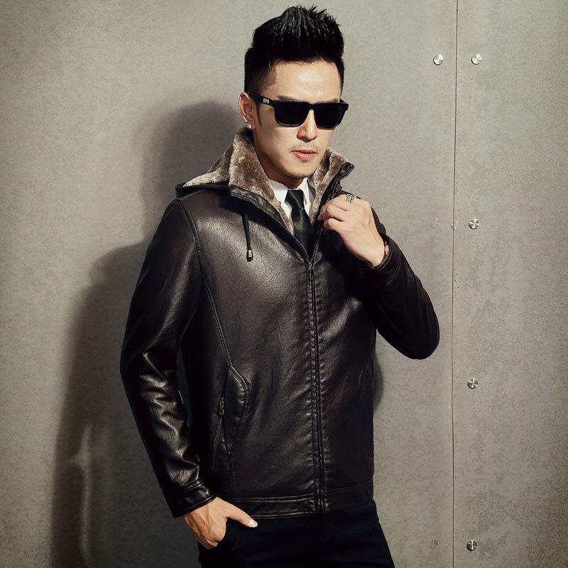 2021 Winter Leather Coat Men's Korean-Style Hooded Thickened plus Suede Cotton-Padded Coat Men's Jacket Trendy Large Size Factory Wholesale