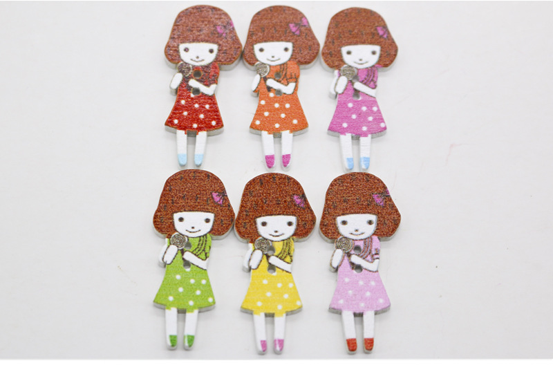 厂家批发木质小女孩 卡通小姑娘纽扣手工diy饰品多彩混装木头扣