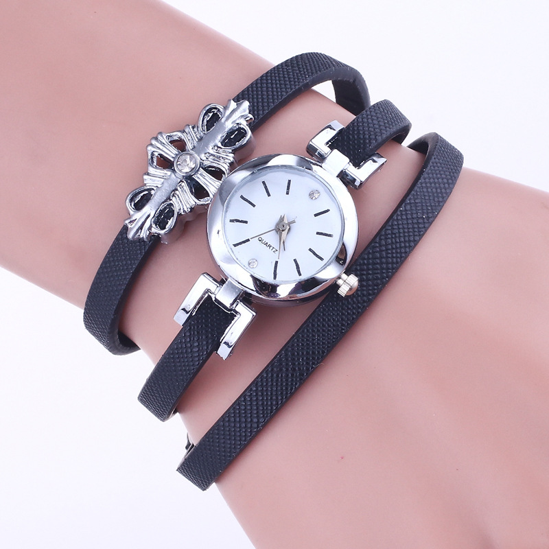 缠绕pu表带金属精致小表盘休闲手表 休闲男女士十字架花石英表