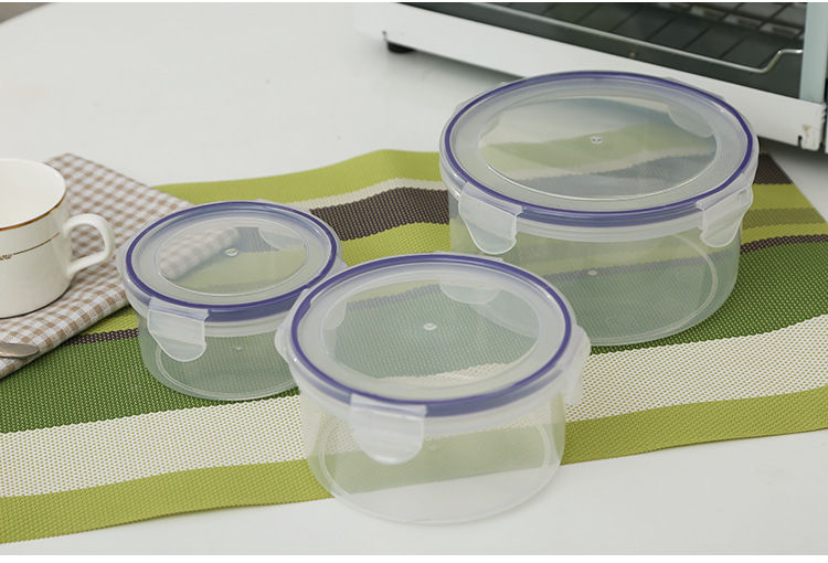 塑料圆形保鲜盒三件套冰箱微波炉专用饭盒带扣密封保鲜碗厂家直销