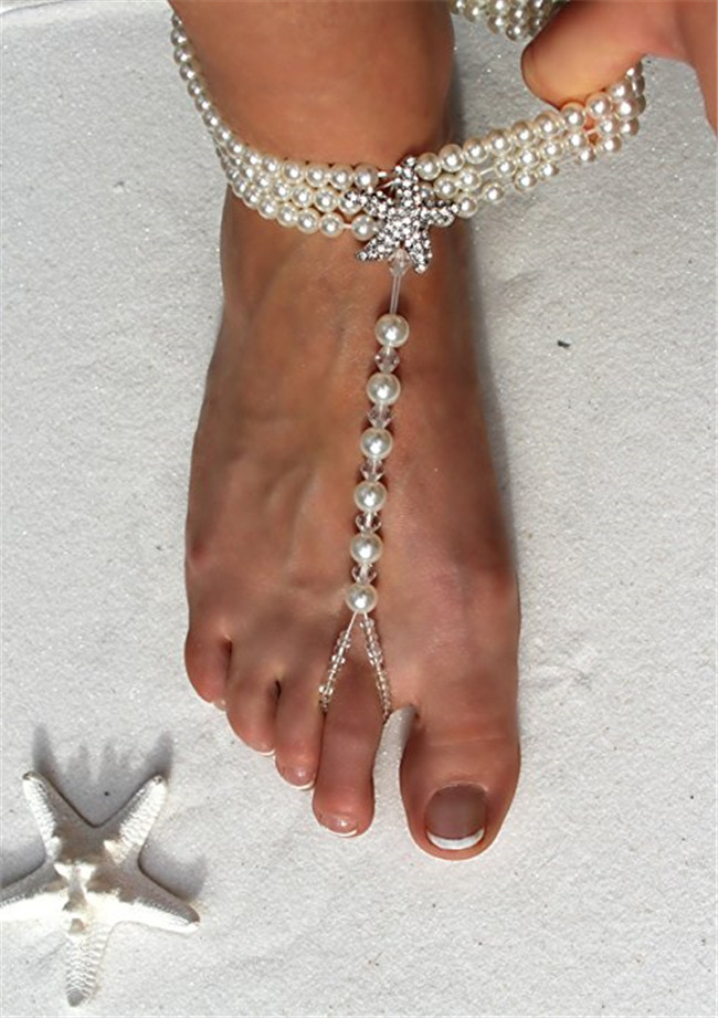 欧美女士沙滩婚礼脚饰 长白丝带缠绕 合金海星珍珠弹力连趾脚链