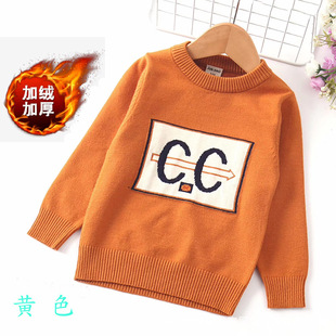 2018秋冬新款童装加绒毛衣男童 字母图案套头长袖加厚保暖打底衫