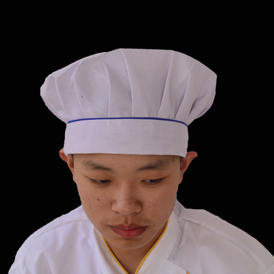 自产自销 蓝边白色厨师帽 涤良食品卫生帽 百褶蘑菇帽 厨工帽