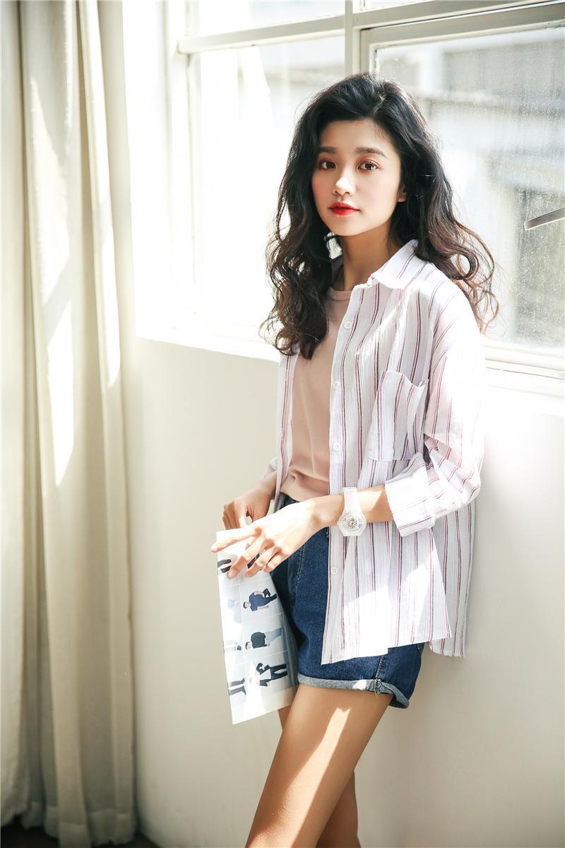2017初秋新款韩版小清新学院风宽松蝙蝠袖竖条纹九分袖衬衫女学生