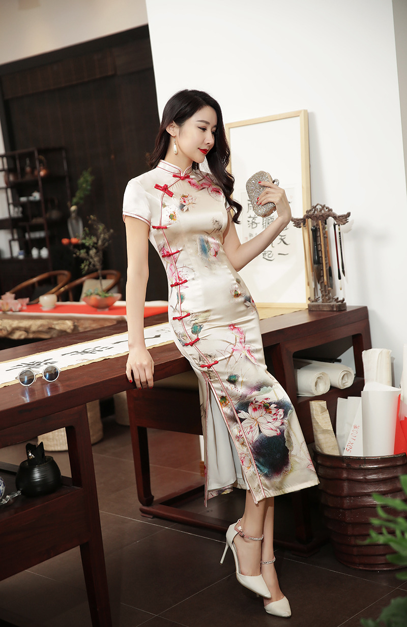 2017新款春夏装时尚改良中式复古长款旗袍连衣裙宴会礼仪真丝礼服