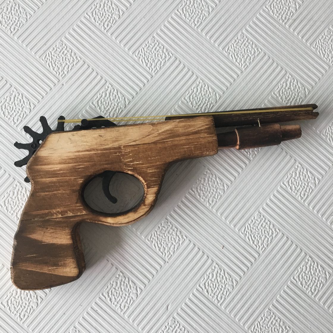 旅游工艺品批发 短双管木质手枪 儿童怀旧玩具 表演道具橡皮筋枪