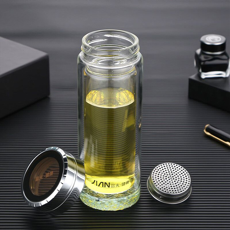 富光真空层水晶玻璃杯350ml 带盖透明过滤商务办公水杯 厂家批发