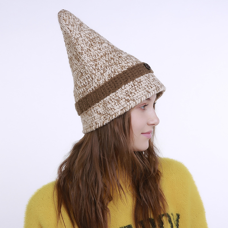 纯手工编织秋冬新款小尖头一个纽扣针织毛线混色帽子女巫尖尖帽