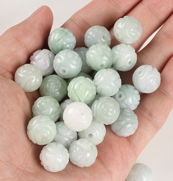 批发天然玉石翡翠a货珠子散珠 冰糯种8-13mm莲花珠子手链项链