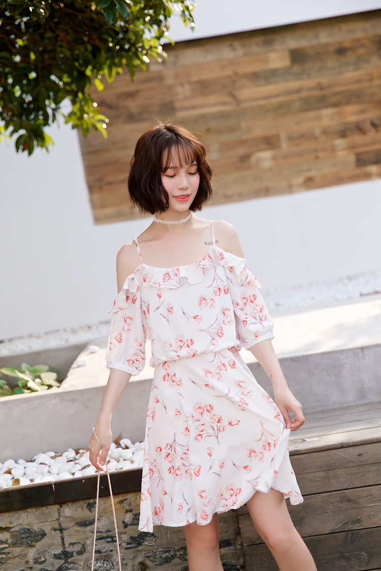 实拍现货1 夏装新款一字领碎花露肩性感吊带连衣裙 粉红色 xl