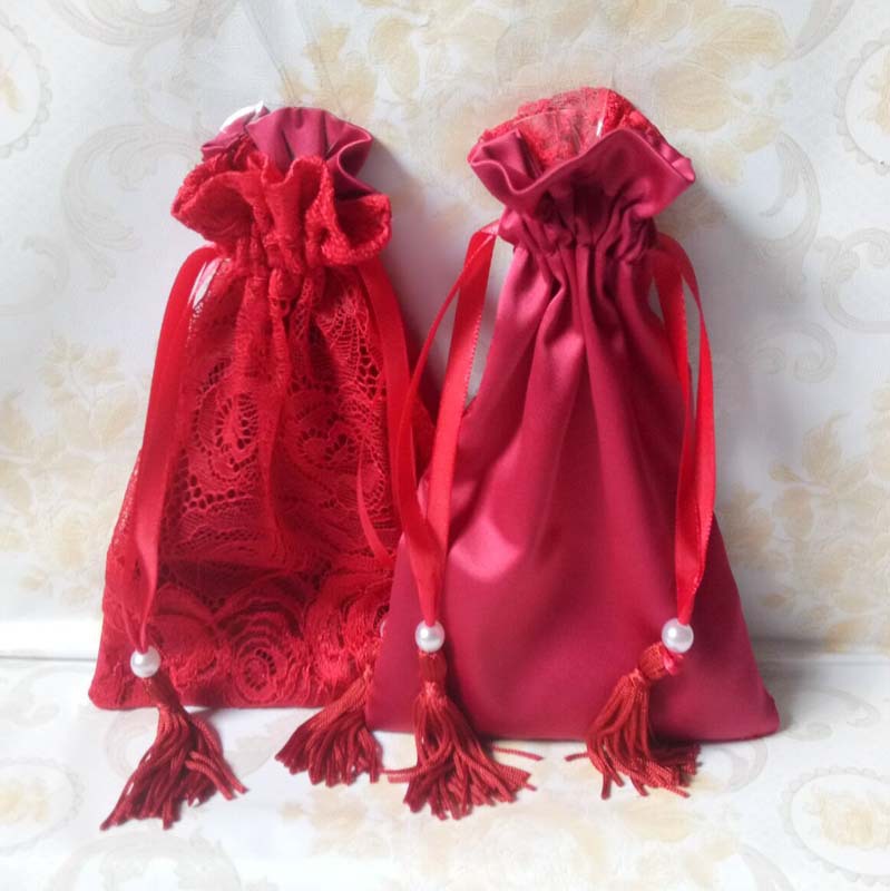 色丁袋工厂专业生产新款红色流苏丝绸包装袋 仿真丝丝印袋