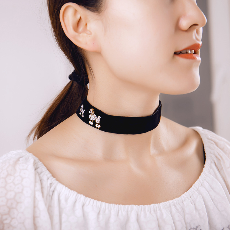 欧美 定制新款贵宾犬黑绒布choker项圈颈圈 短款脖子链