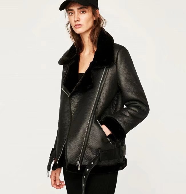 俄罗斯跨境 厂家秋冬新款皮毛一体皮绒大码pu皮衣外套