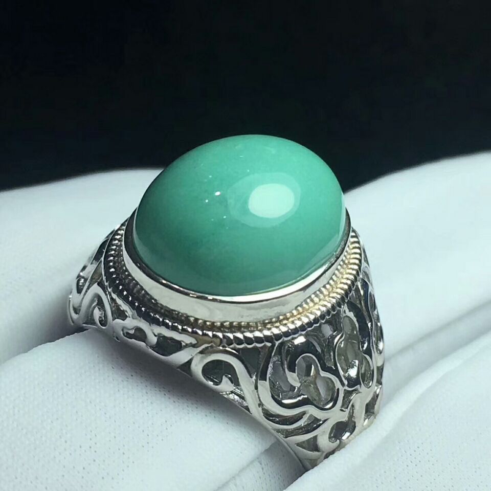 原矿高瓷果冻料戒指圆形蛋面 天然绿松石批发男戒 925银镶嵌