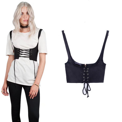 traf l52525时尚欧美风纯色拼接交叉系带马甲 女装束腰