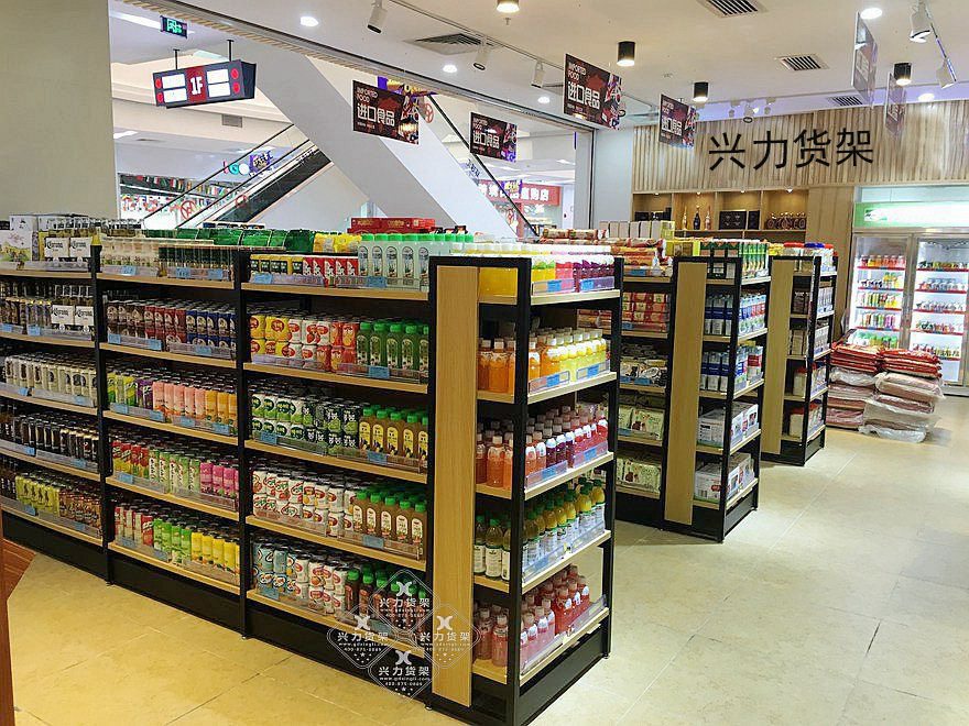 中岛便利店货架港澳食品店货架钢木货架方形侧板超市零食展示架