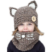 亚马逊外贸针织帽子儿童动物猫咪耳朵套装帽手工编织保暖护颈童帽