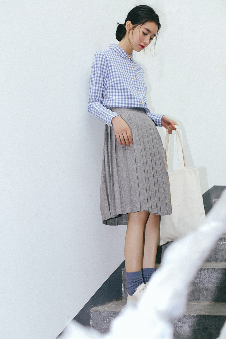 amk原创设计东大门2017春季新品学院风直筒显瘦学生装格纹衬衫女