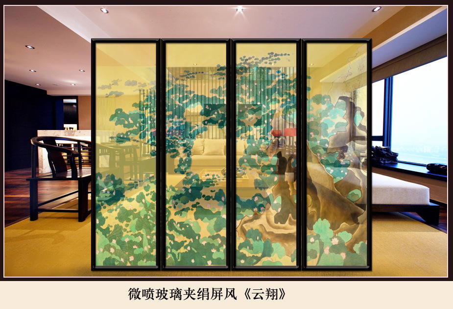 苏州承源轩玻璃夹绢画 手绘山水画屏风双透真丝绢画定制 厂家直销