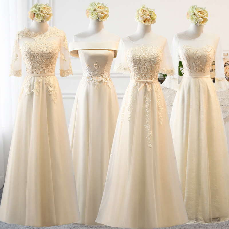 伴娘服2021新款韩版姐妹团伴娘礼服长款秋冬季长袖香槟色晚礼服女