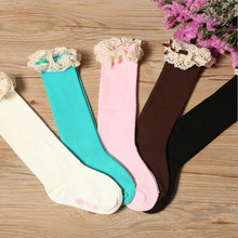 韩国女童纯色打底袜子可爱精硫棉蕾丝花边有跟中筒袜现货批发