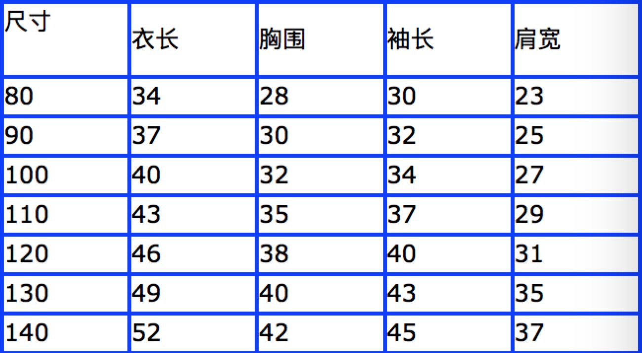 小孩衣服尺码对照表图片