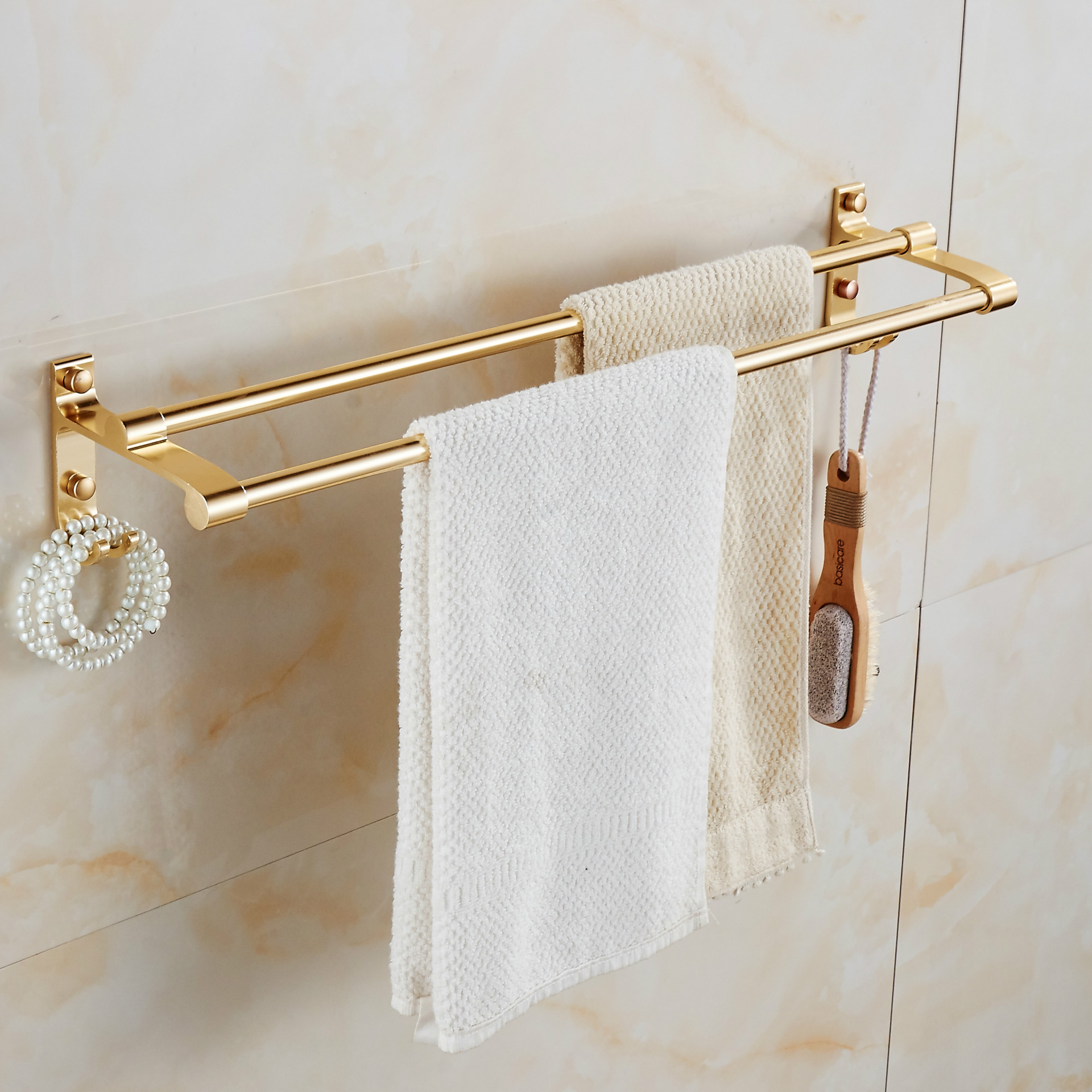 免打孔太空铝浴巾架折叠卫生间置物架毛巾杆浴室毛巾架金色套装