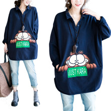 秋季新款韩版大码女装 翻领卡通加菲猫宽松蝙蝠袖显瘦T恤女装