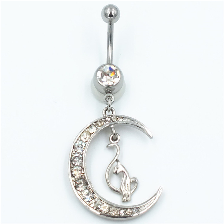 供应时尚不锈钢月牙镶钻吊坠脐环精美穿刺肚脐环脐钉穿刺饰品