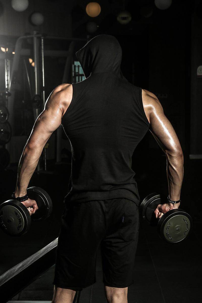 健美先生夏季男式运动锻炼健身连帽背心马甲速卖通一件代发