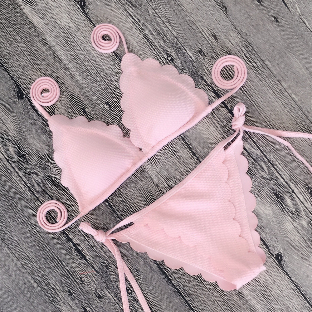 花边比基尼 速卖通爆款切花泳衣 分体纯色性感泳装 新款bikini