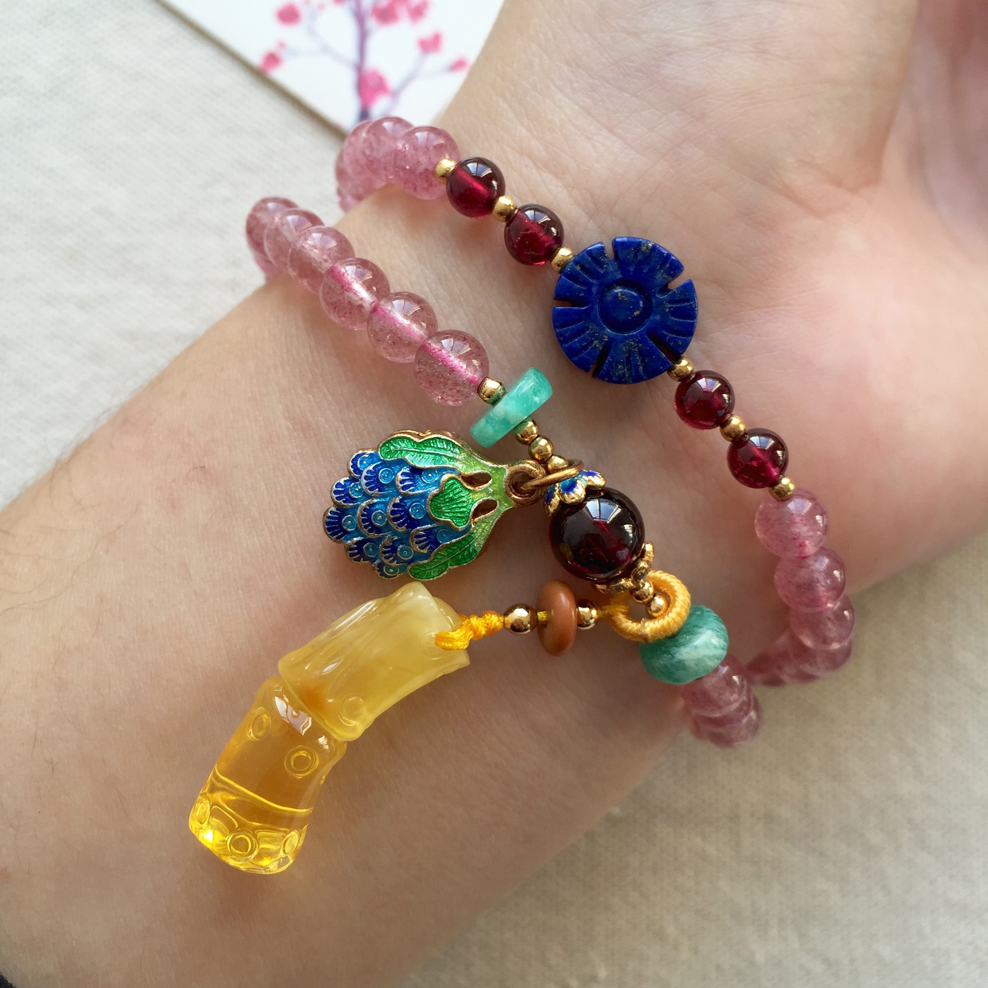 天然草莓晶多圈手串 女式时尚 粉色 diy串珠两圈 水晶手链