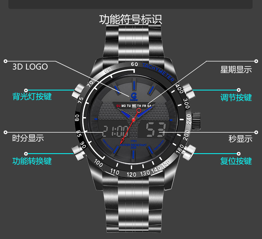功能 双时间,计时秒表,星期显示,日期显示,定时闹钟,夜光,12/24小时制
