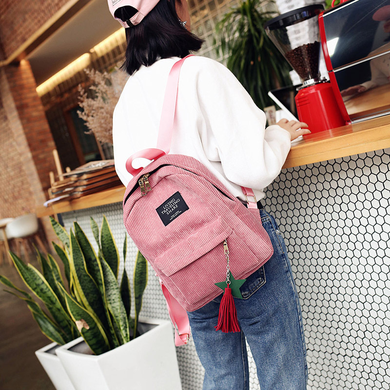 2021 Winter New Canvas Bag Corduroy Ribbon Pendant Korean Style Fashion Backpack Girls' Student Schoolbag