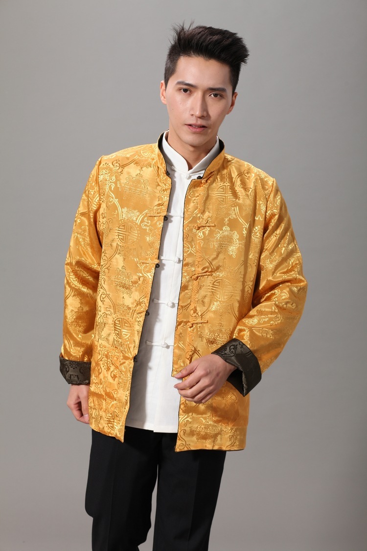 丝绸薄款双面穿春秋冬季男士高级摄影演出长袖上衣中式唐装民族服