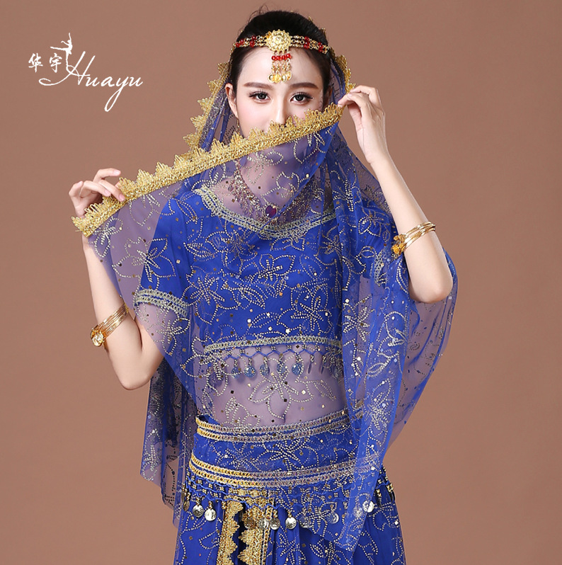 厂家直销新款金粉皇冠纱巾印度舞演出服头纱肚皮舞花纹头纱女成人