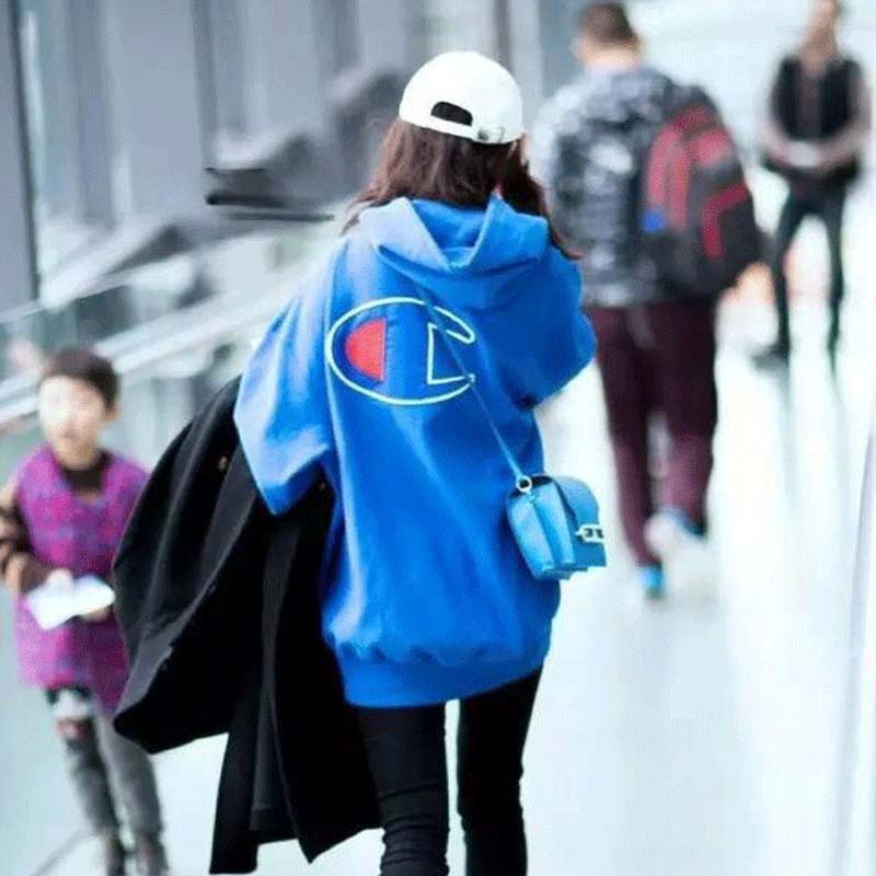 2017新款春杨幂机场街拍同款蓝色卫衣连帽拉链开衫外套男女情侣装