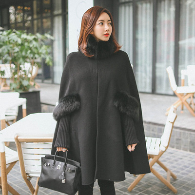 黑色矮个子中长款毛领羊绒大衣披风外套女秋冬斗篷装妮子