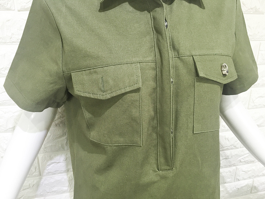 2020夏新款百搭显瘦机场军绿色短袖衬衫连衣裙夏女