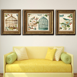 田园风格带框三联画现代简约两小一大装饰画卧室床头挂画