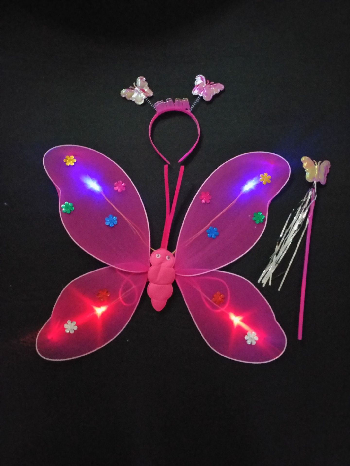 发光蝴蝶翅膀带灯儿童演出表演道具 单层亮片天使三件套