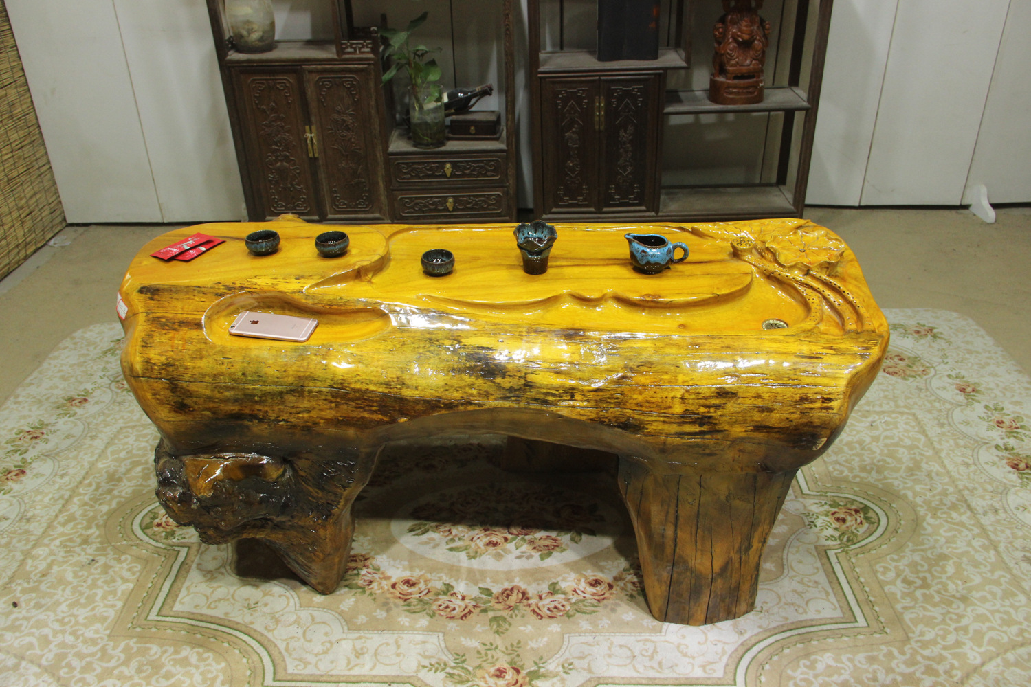 黄金樟根雕茶台 实木树墩功夫茶海 整体根艺茶桌 自然原木茶几