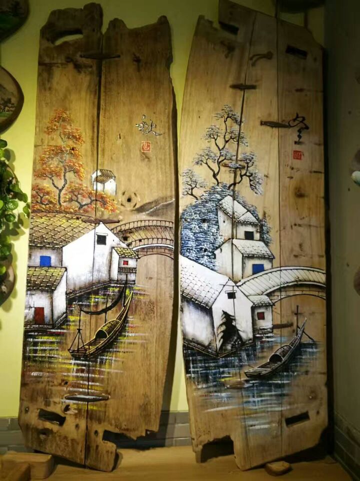 纯手绘木版画老门板油画风化木挂画壁画春夏秋冬系列酒店民宿装饰