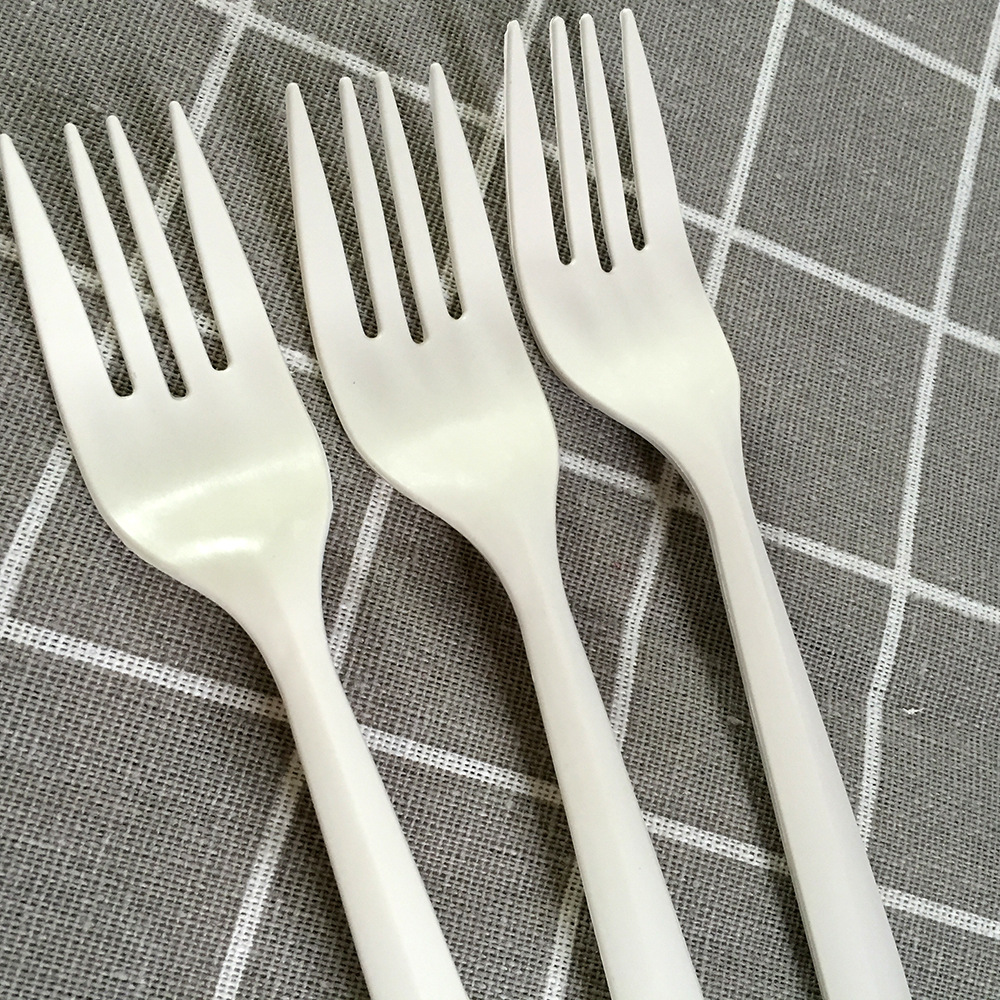 批发环保可降解玉米淀粉叉子 一次性白色塑料三齿叉子 6寸刀叉勺