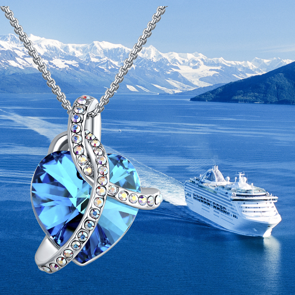 eccosa水晶项链 海洋之心蓝色爱心锁骨链现货母亲节情人节饰品