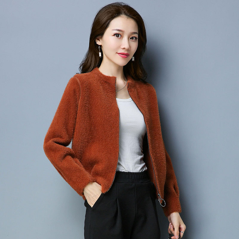 2020秋冬季新款针织衫时尚韩版短款仿貂绒毛衣女装拉链开衫外套女