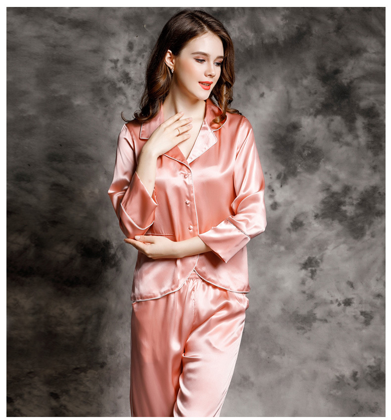 真丝睡衣女夏两件套分体长袖100%桑蚕丝夏天家居服套装高贵t77148