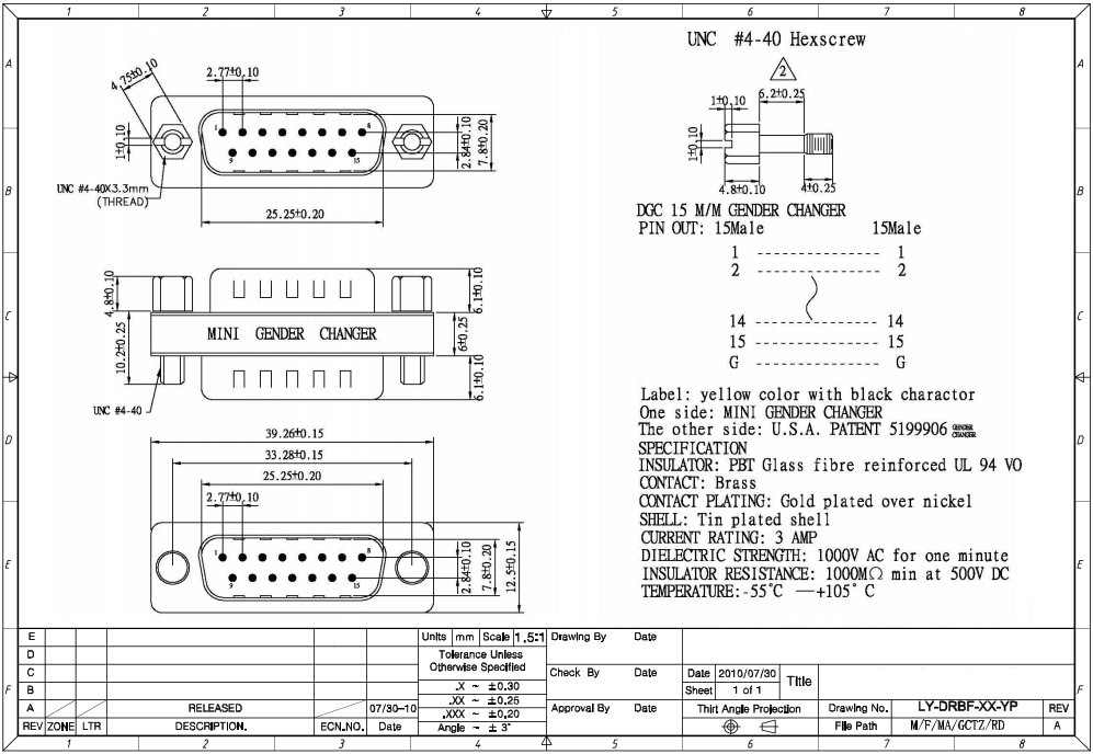 db-15p转接头 d-sub连接器转接头 对接rs232 公头转母头