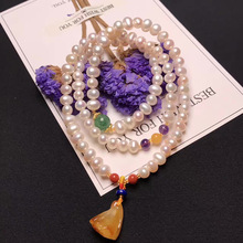 DIY原创设计自然淡水珍珠搭配自然无烤色蜜蜡吊坠三圈手链手串